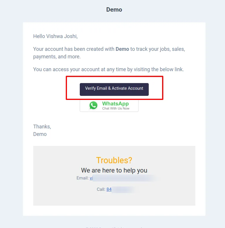 Customer account activation email from BytePhase