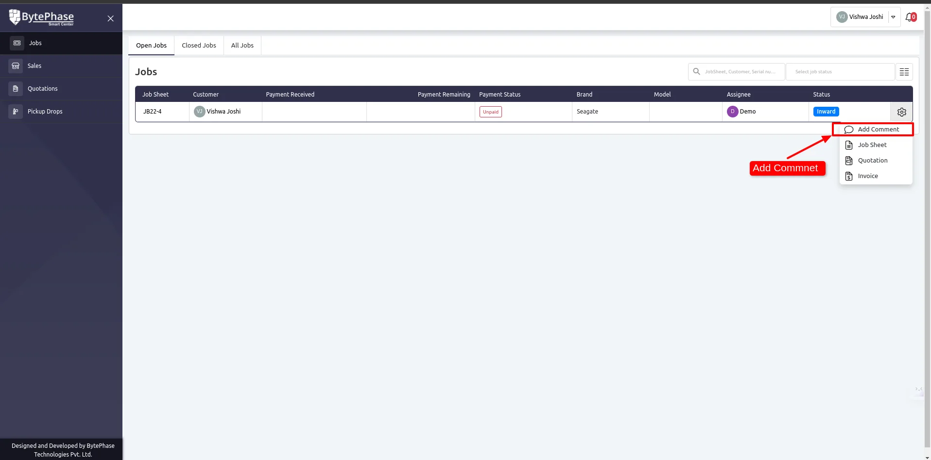 Customer portal dashboard listing jobs, quotations, invoices, and pickups