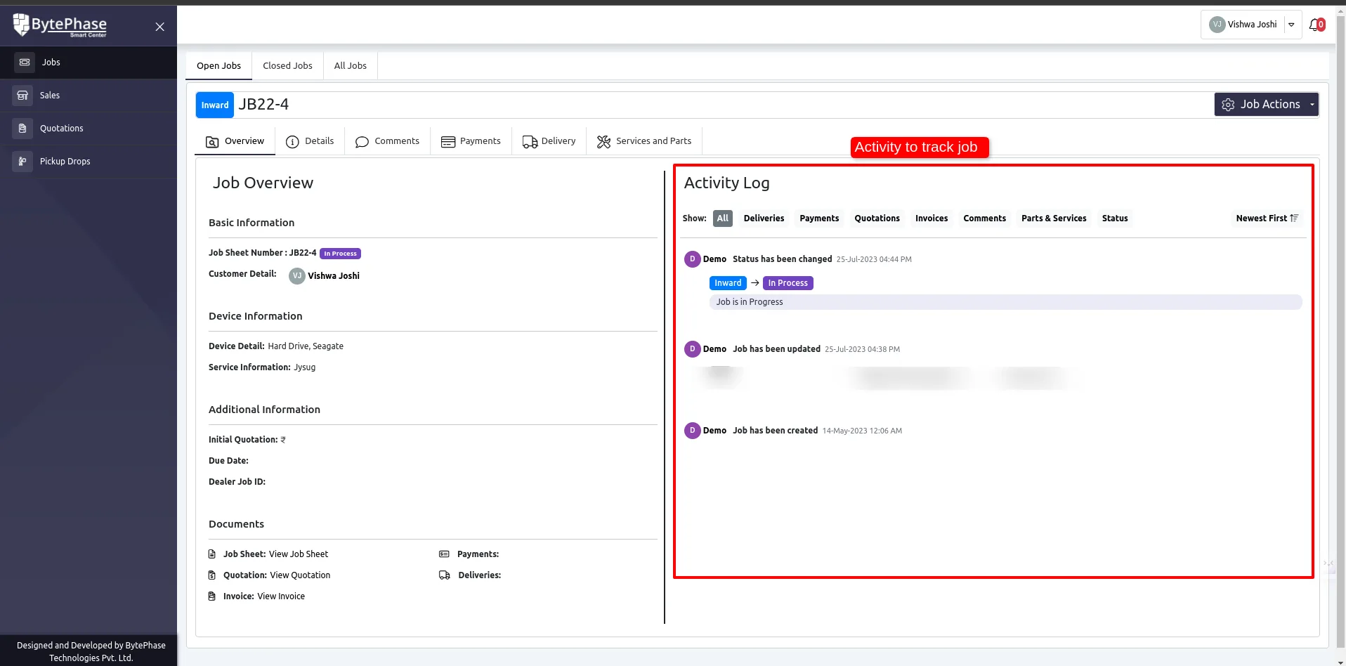 Job progress tracking view in the BytePhase customer portal