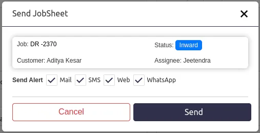 Multi-channel customer notifications sent by SMS, WhatsApp, and email from a repair ticket