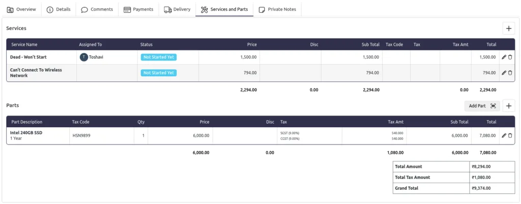 Adding spare parts and services to a repair ticket for cost and inventory tracking
