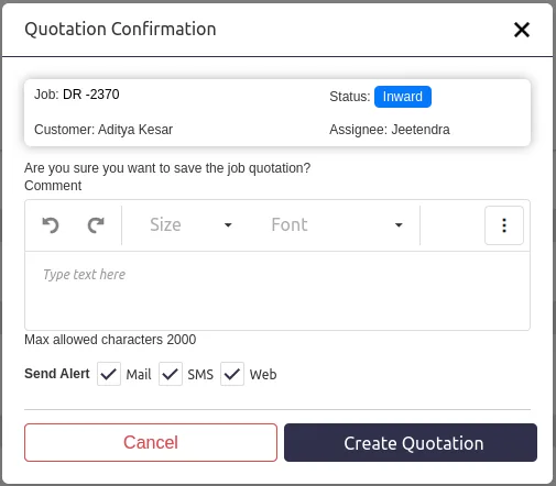 Repair quotation generated from a ticket showing the full cost breakdown