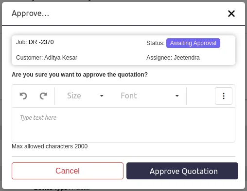 Customer approving a repair quotation directly from the ticket