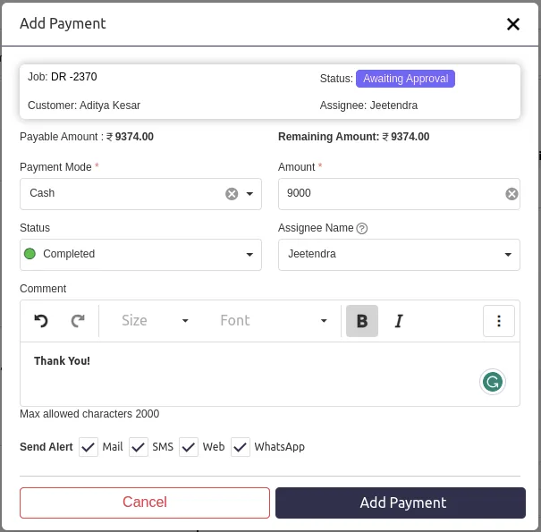 Closing a repair ticket and recording payment against the completed job
