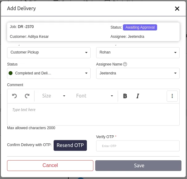 OTP verification screen for secure repair job delivery