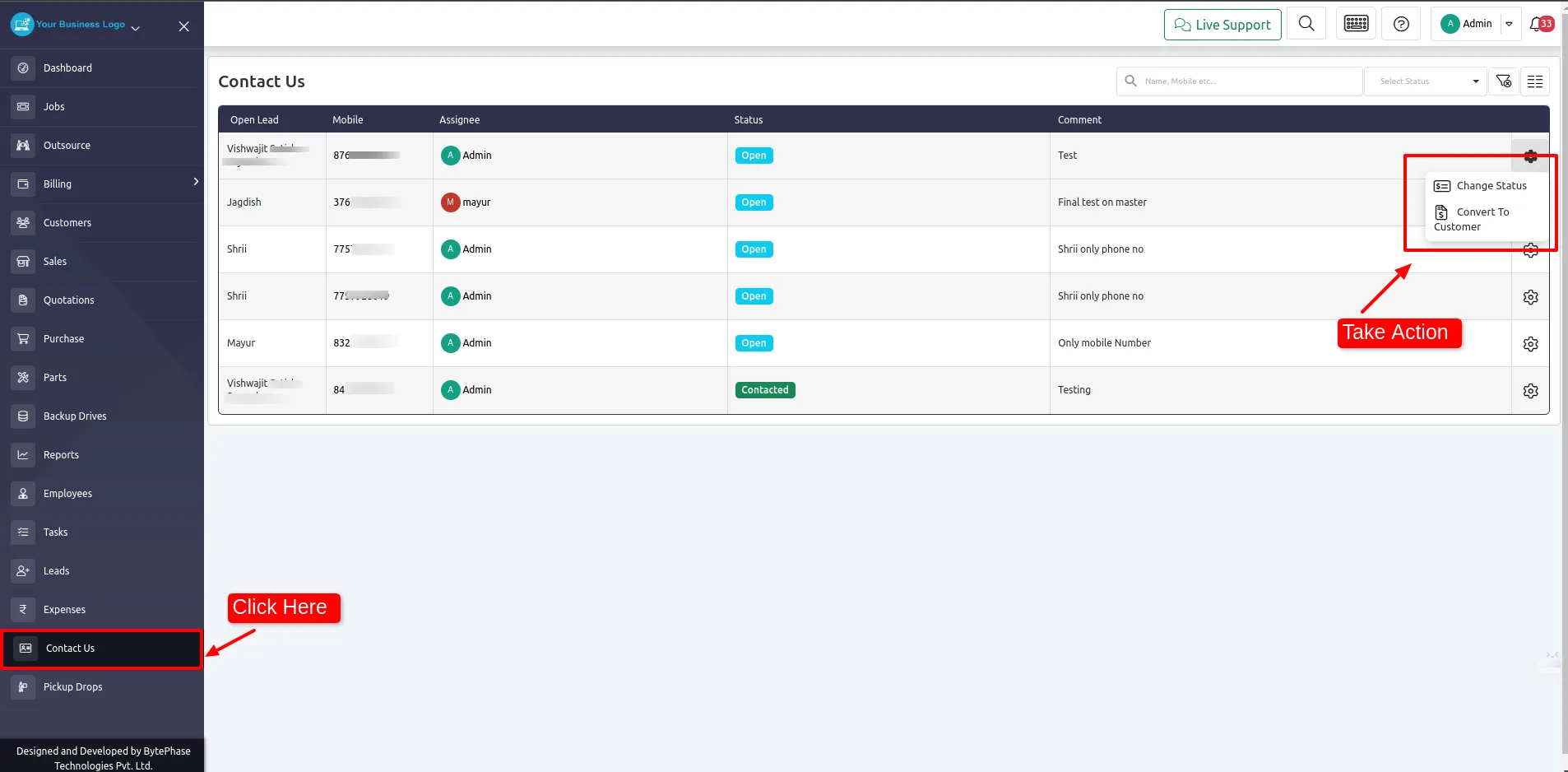 Contact Us tab in the BytePhase CRM sidebar listing incoming self-check-in requests
