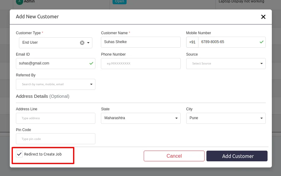 Create Job page pre-filled after converting a new customer's self-check-in request