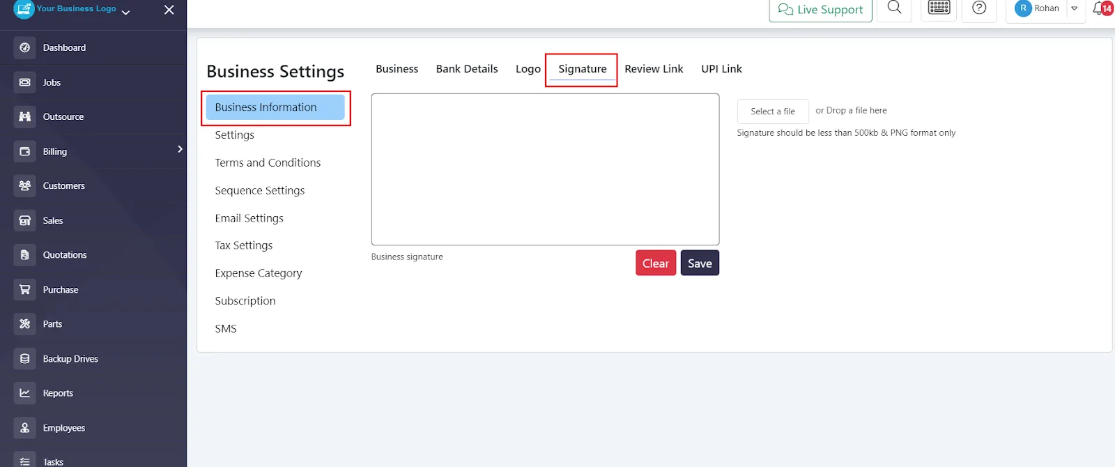 Business Settings menu showing the Signature option in BytePhase