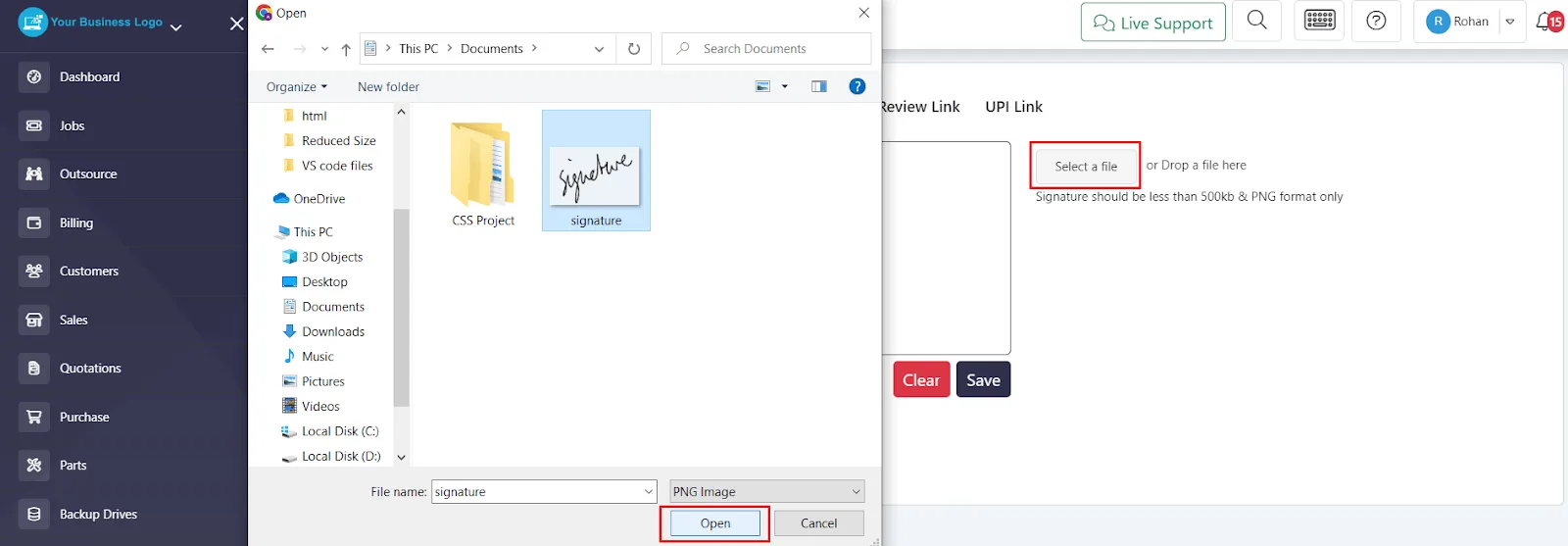 File picker for uploading a business signature image in BytePhase