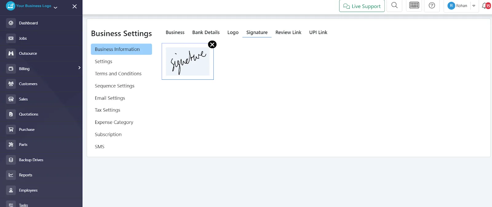 Uploaded business signature saved in BytePhase account settings