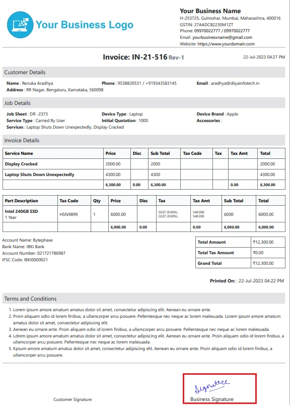 Business signature printed automatically on a BytePhase job sheet