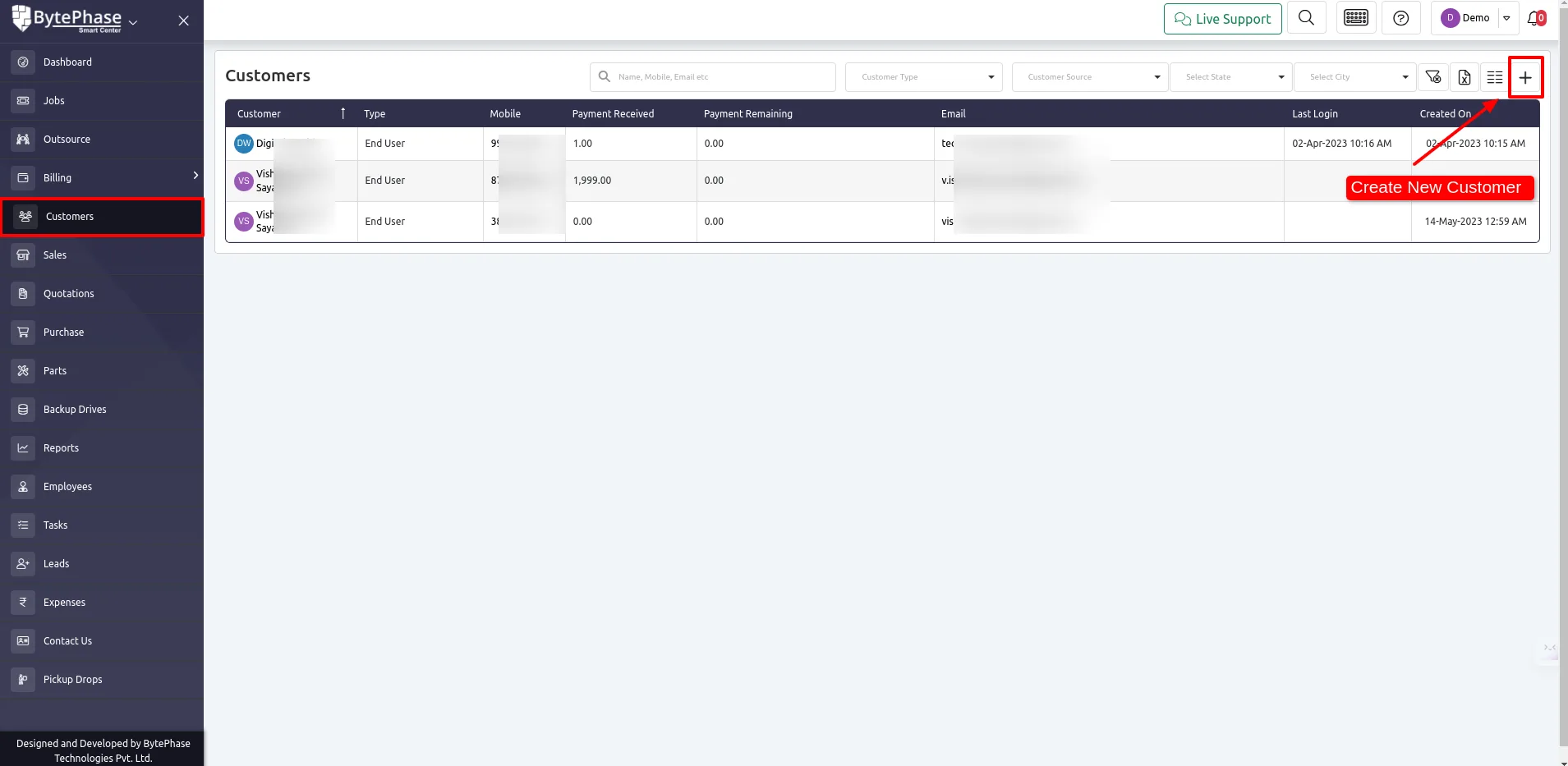 Customers tab with plus button to add a new customer in BytePhase