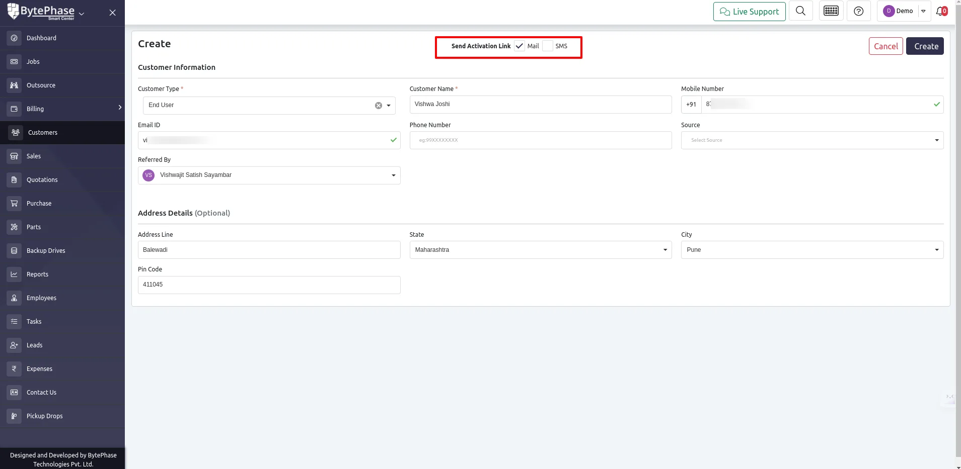New customer form with notification channel option in BytePhase
