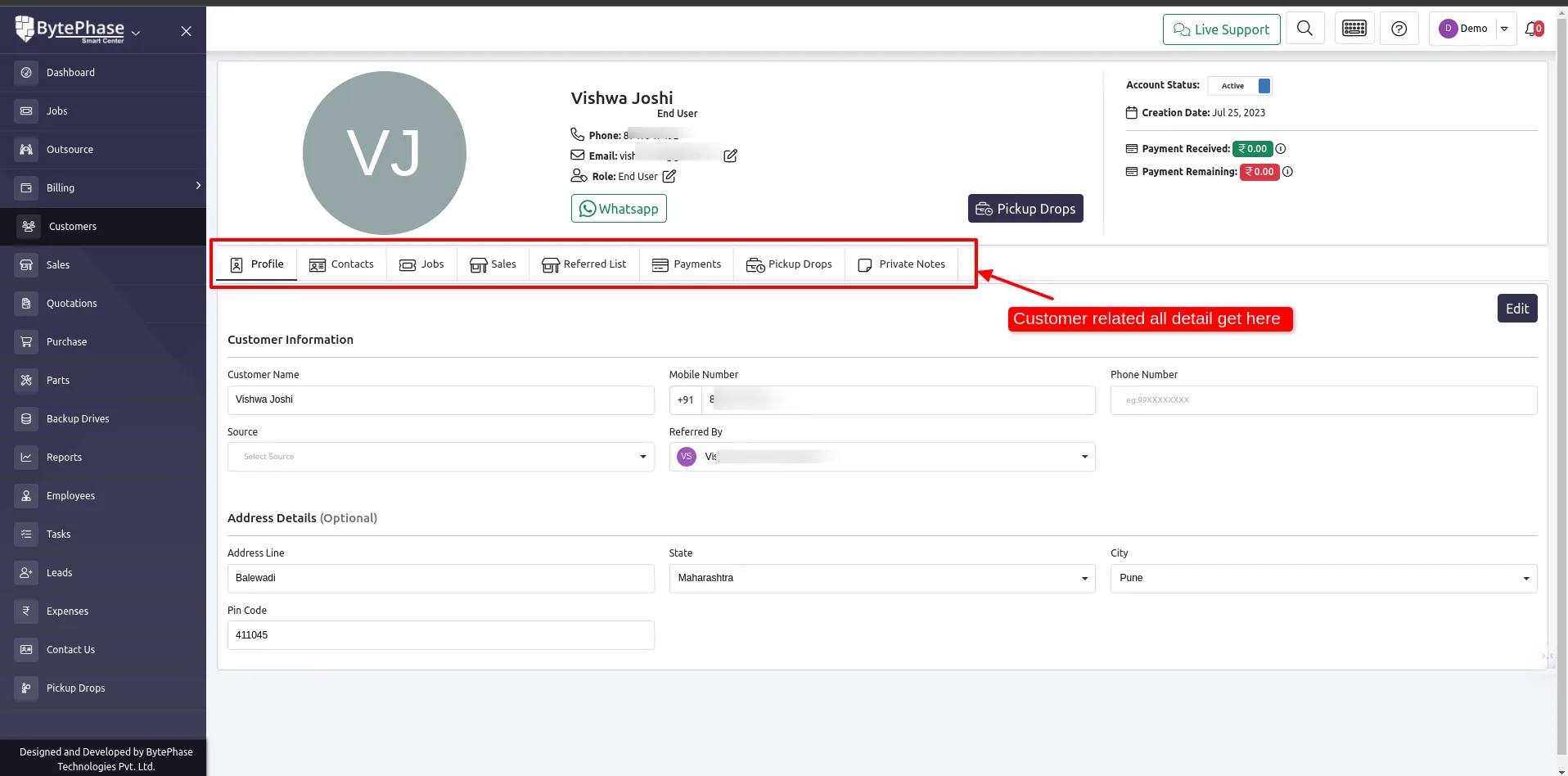 Customer profile page in BytePhase after account creation
