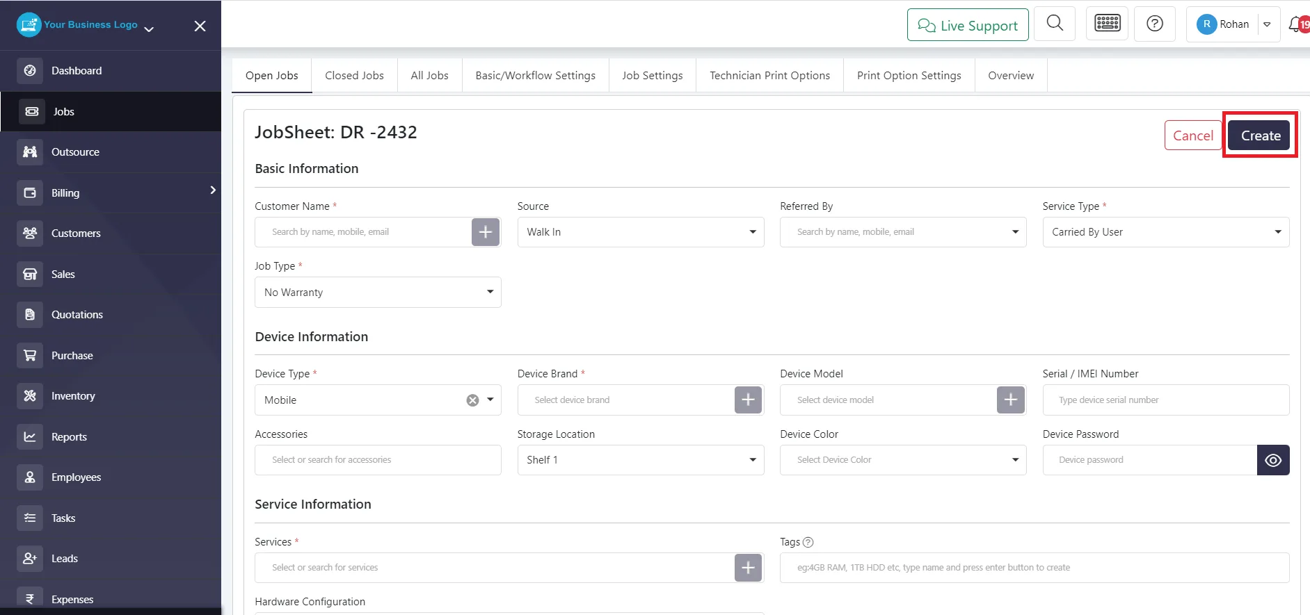 Adding services and spare parts to a repair ticket in BytePhase