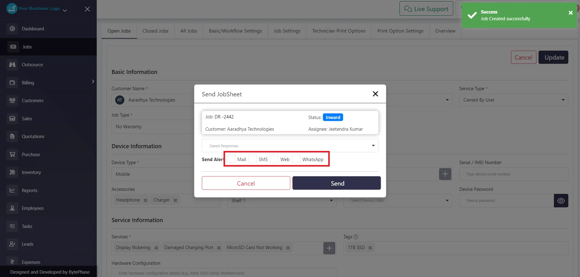 Choosing a channel to send the job sheet - Email, SMS, Web, or WhatsApp