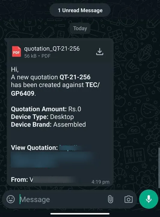 PDF invoice received as a WhatsApp message attachment