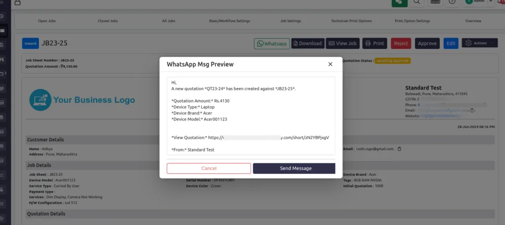 Editable WhatsApp message template before sending a PDF