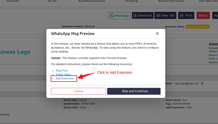 Popup prompting the WA Web Bridge extension install before sending a WhatsApp PDF