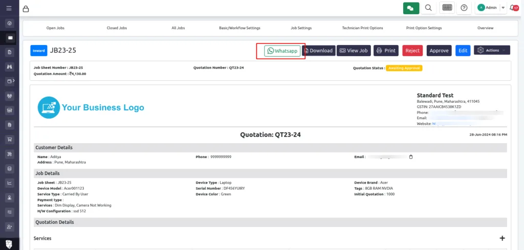 WhatsApp button on a BytePhase invoice print page