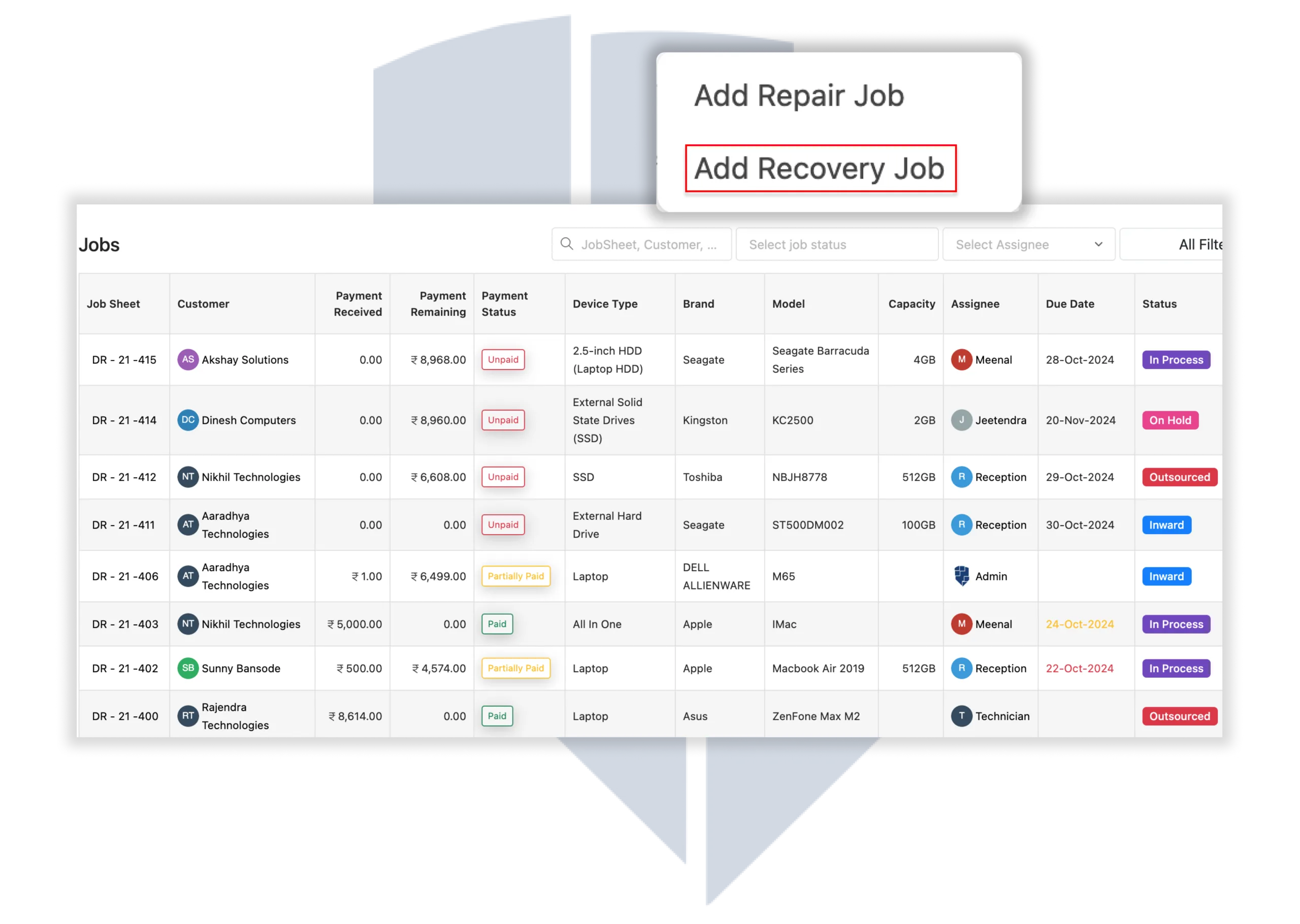 Easy Data Recovery Job Creation with BytePhase CRM Creating a new data recovery job in BytePhase CRM software.