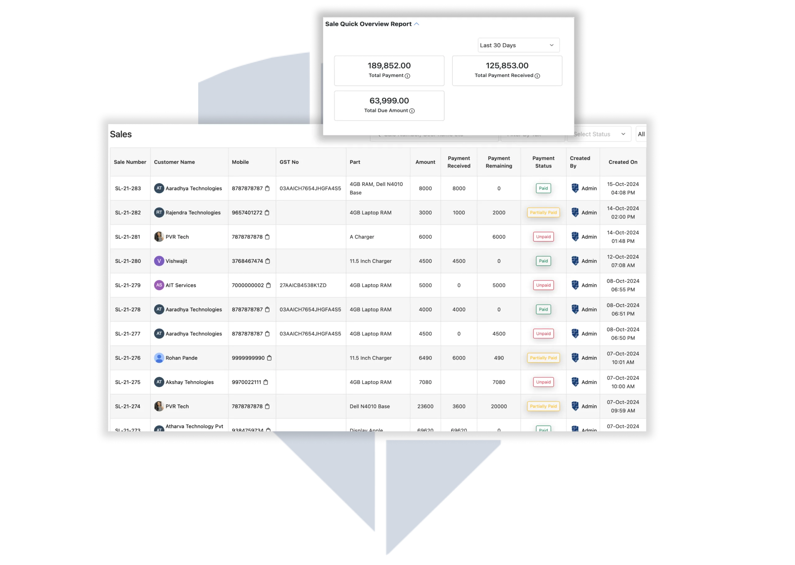 Generate Sales Invoices and Access Sales Reports Effortlessly Creating sales invoices and checking overview report in Bytephase CRM for repair shops