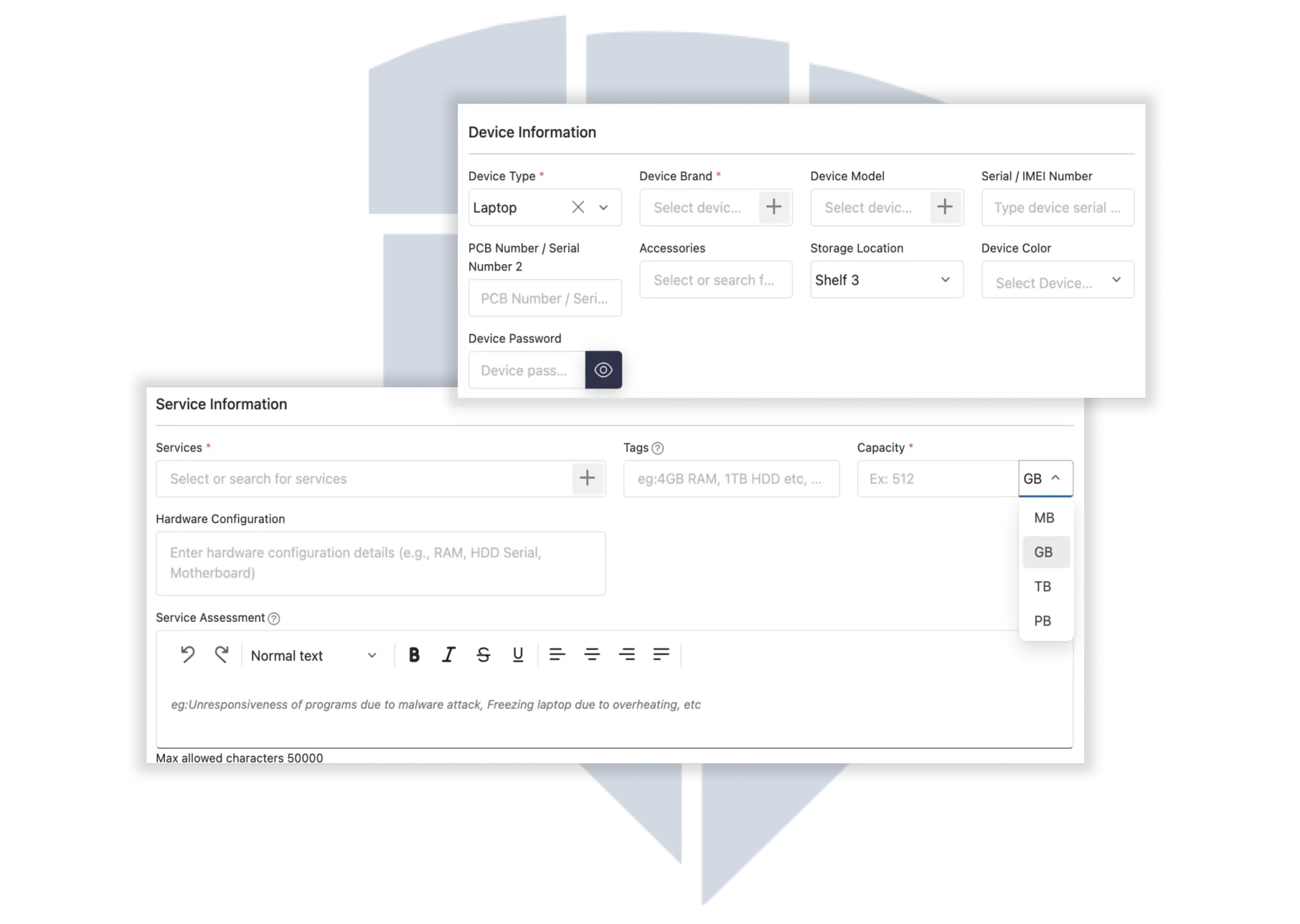 Input Device and Memory Specifications for Data Recovery Adding device details and memory capacity during data recovery job creation.
