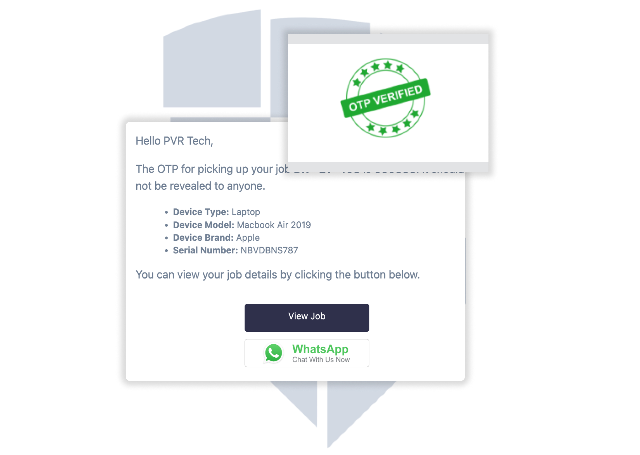 Verify OTP Before Delivering the Device Verifying OTP for laptop delivery in CRM software