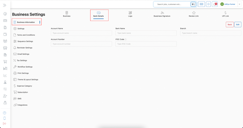 Open Bank Details Settings in BytePhase
