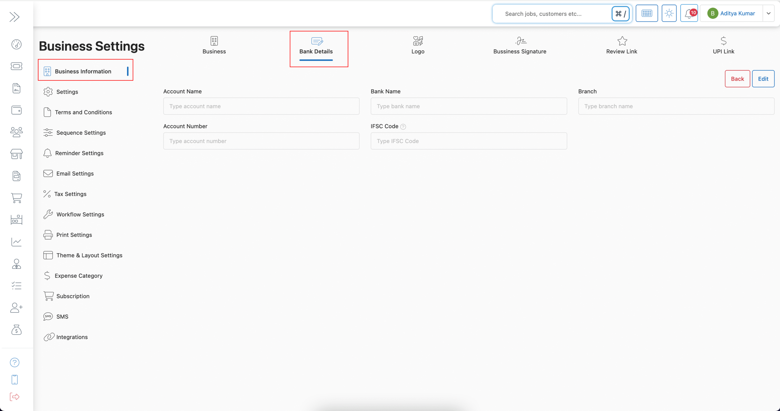 Open Bank Details Settings in BytePhase