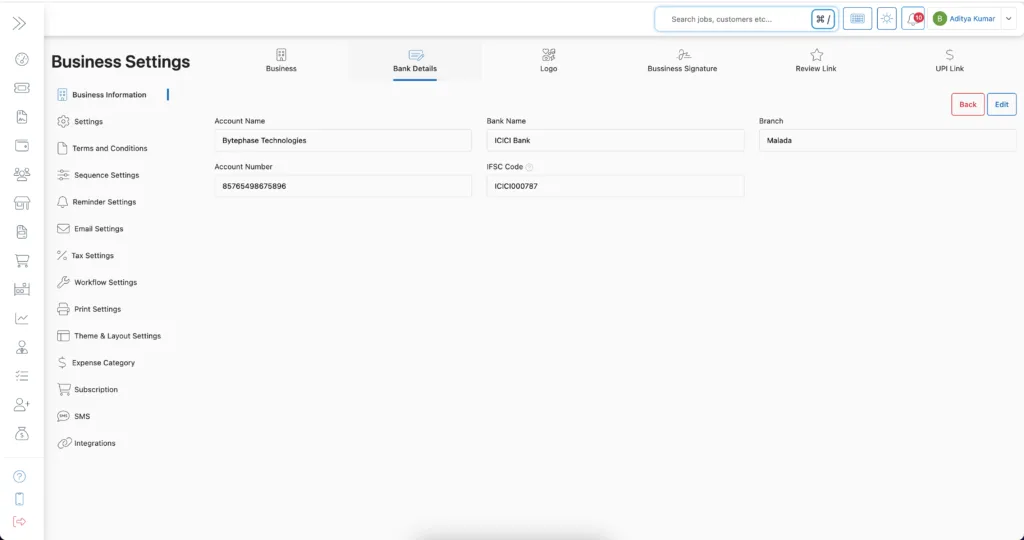 Configure business bank details in Bytephase crm