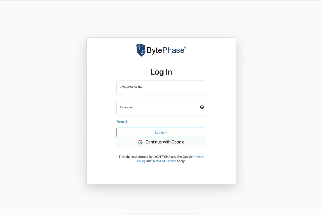 Log in to Bytephase Portal