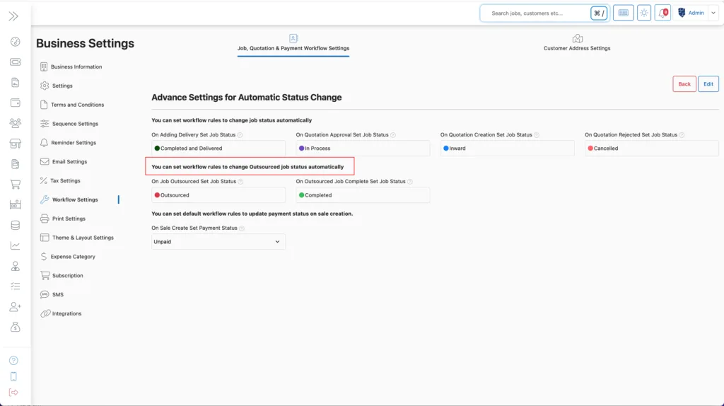 Set outsourced job status workflow