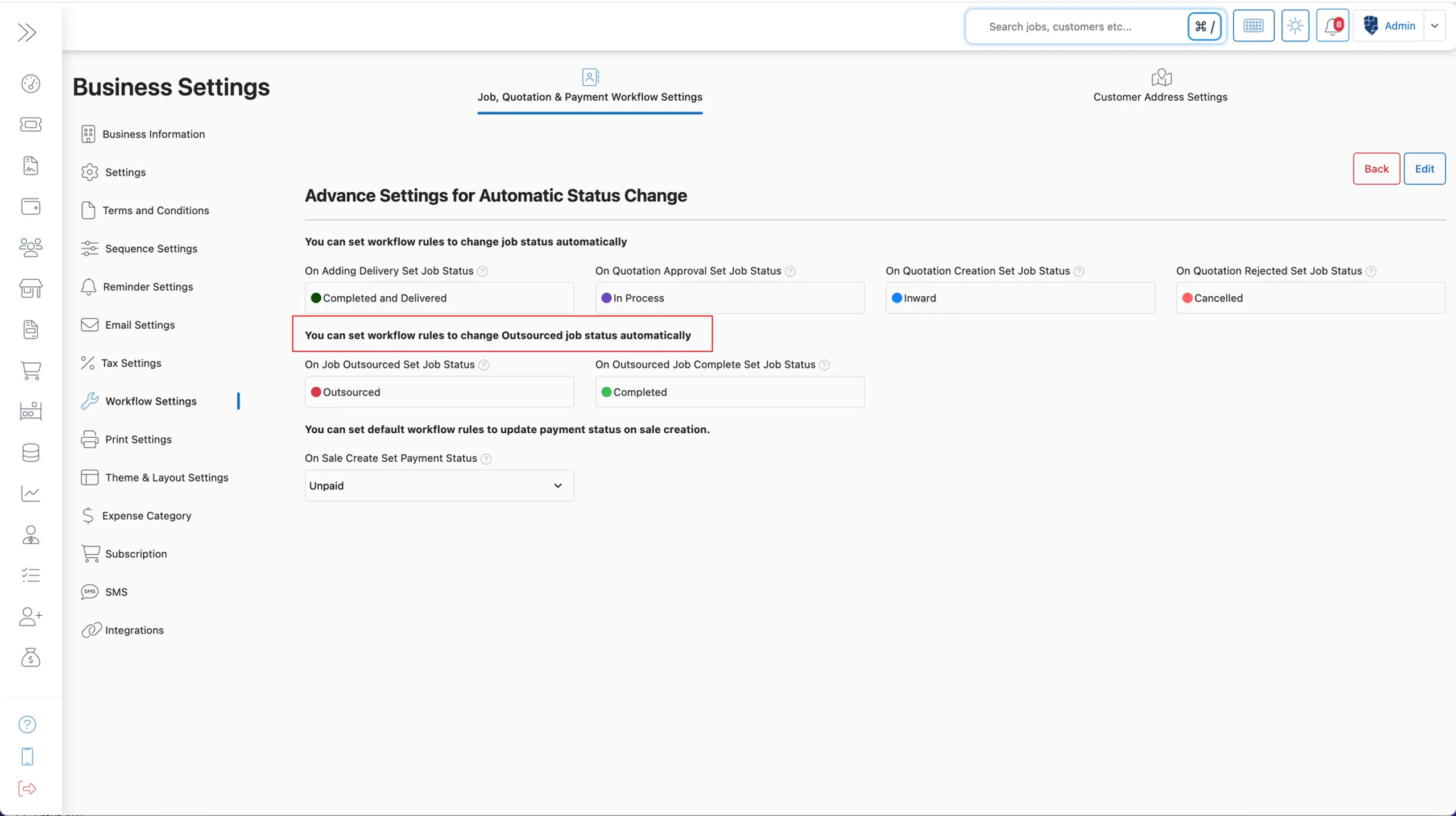 Set outsourced job status workflow