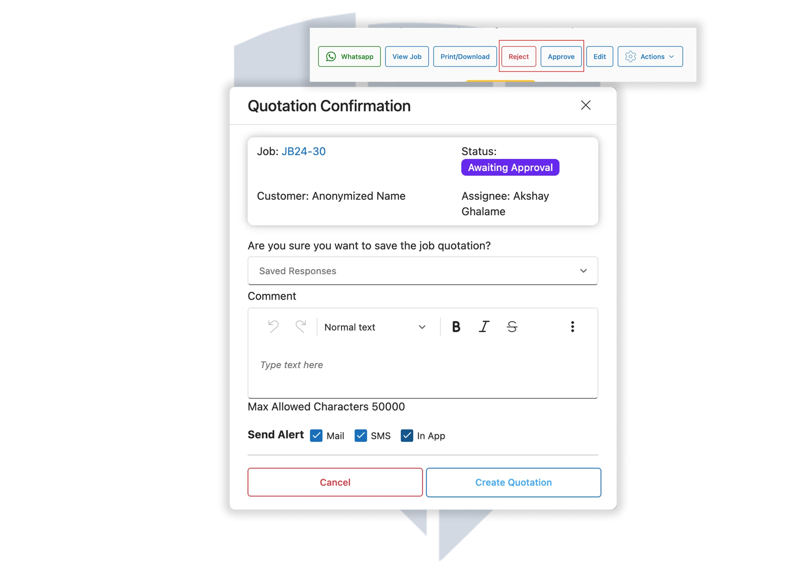 Fridge repair quotation approval and rejection options displayed in BytePhase software interface