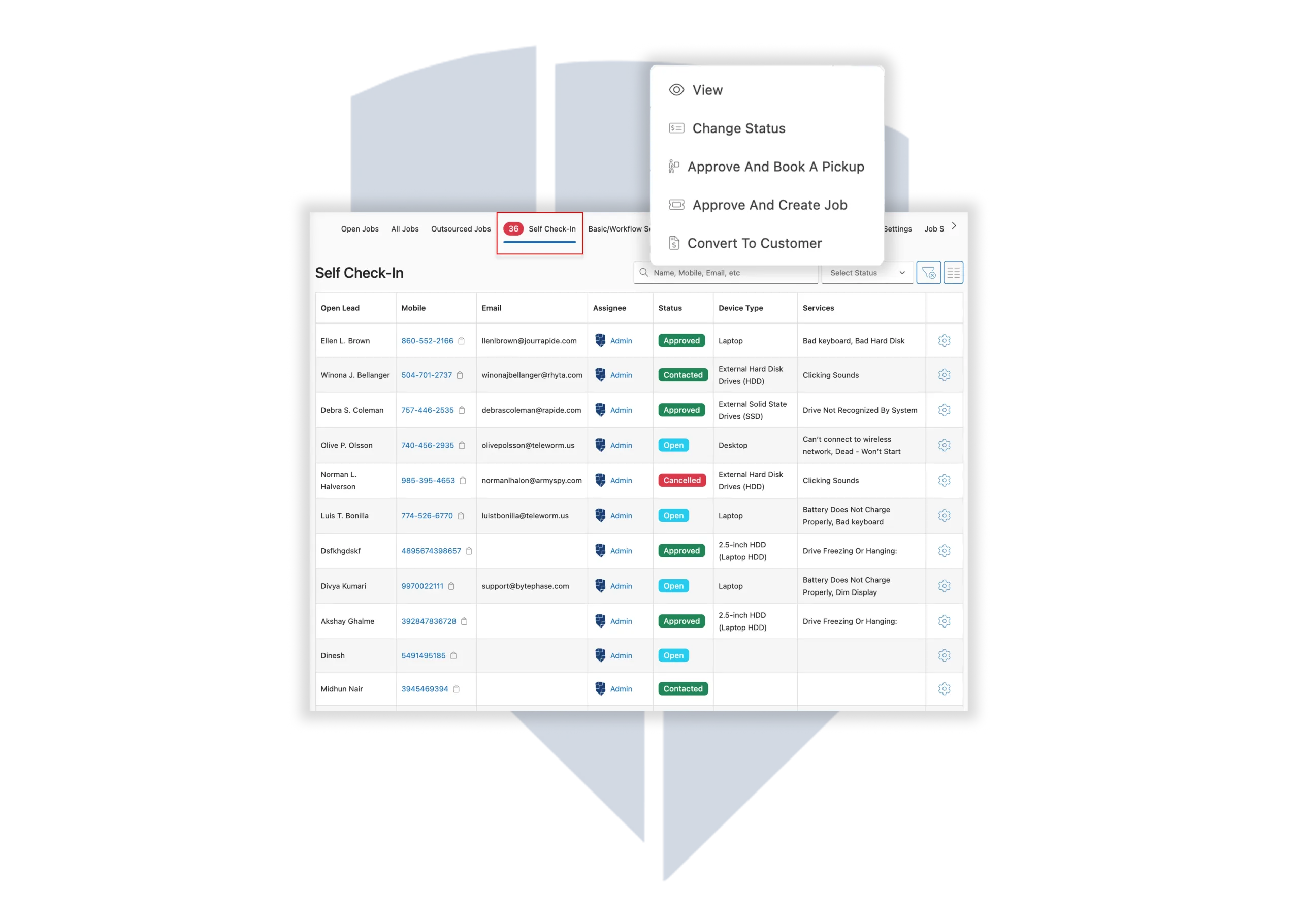 Customer using self check-in feature to register a fridge repair in BytePhase CRM
