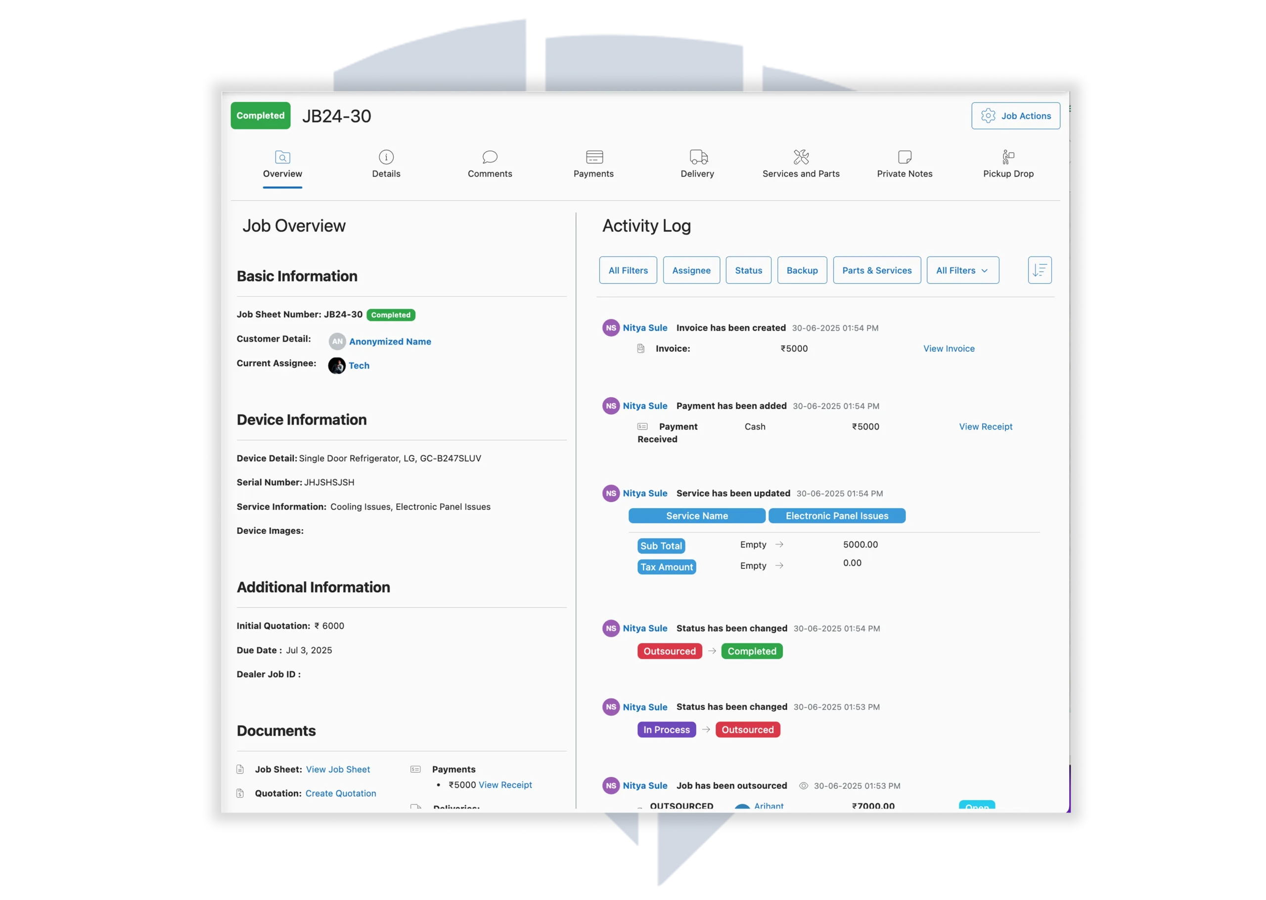 Dashboard view of BytePhase CRM simplifying operations for fridge repair businesses