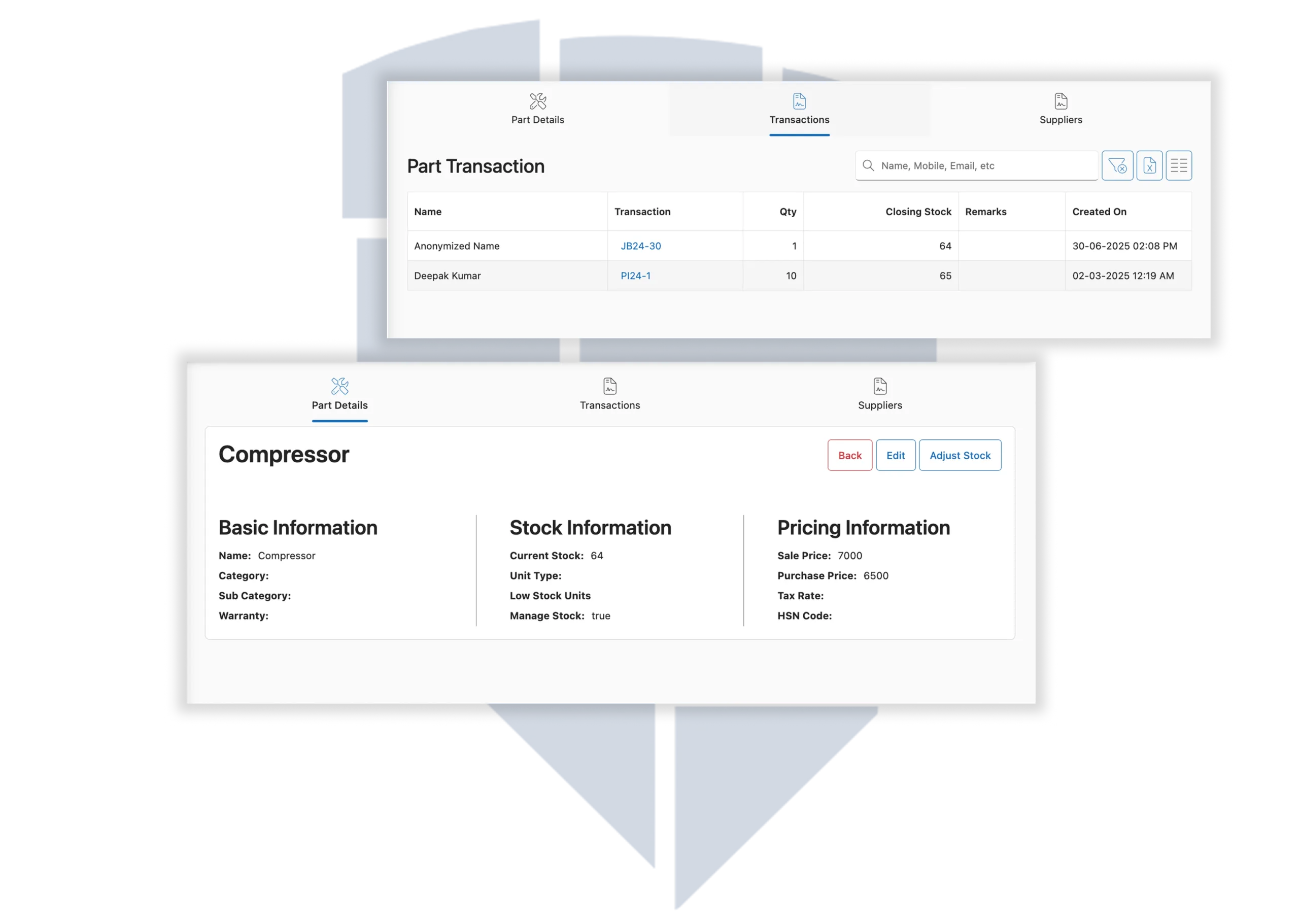 Organize Spare Parts & Repair Notes Within BytePhase Inventory dashboard showing spare parts tracking and stock levels for fridge repair in BytePhase