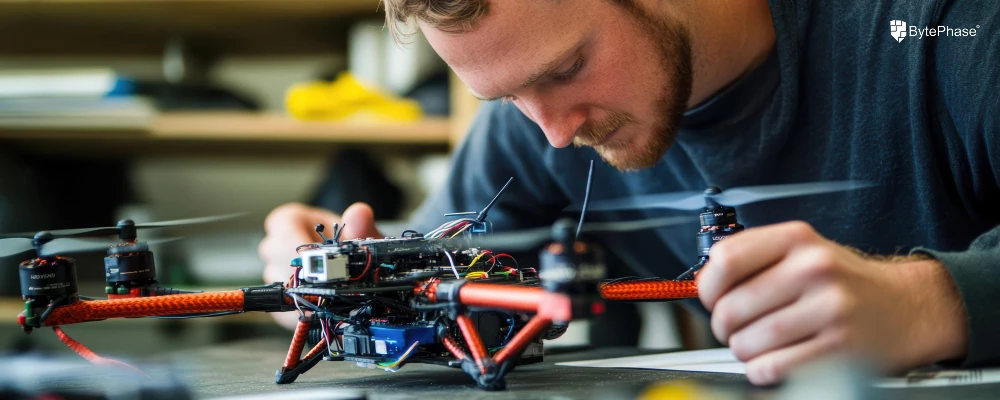 A close-up shot of a technician repairing a small drone, with a computer repair kit and other specialized tools visible on the workbench.