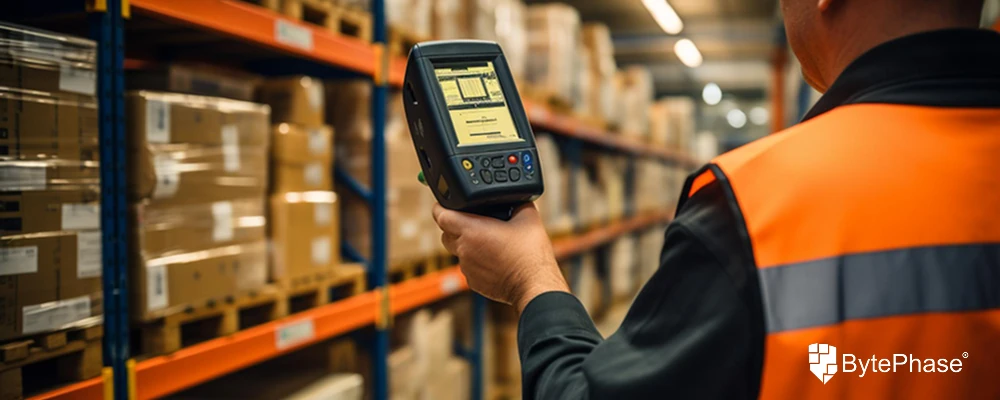 Inventory is a Profit Center A close-up shot of a technician scanning a barcode on a bin of cellphone parts, with a digital tablet displaying real-time stock levels.