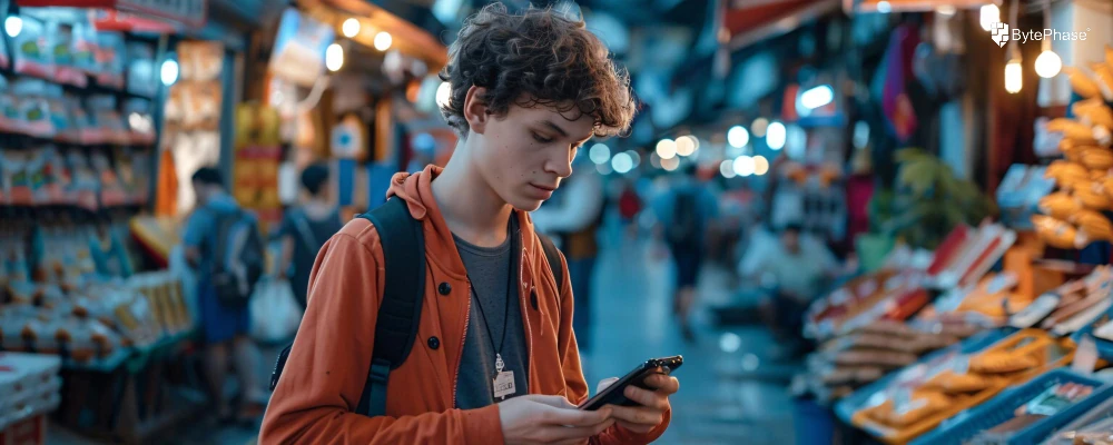 Marketing to gen z A young person scrolling through an Instagram feed on their smartphone, with a repair shop's social media page visible on the screen.