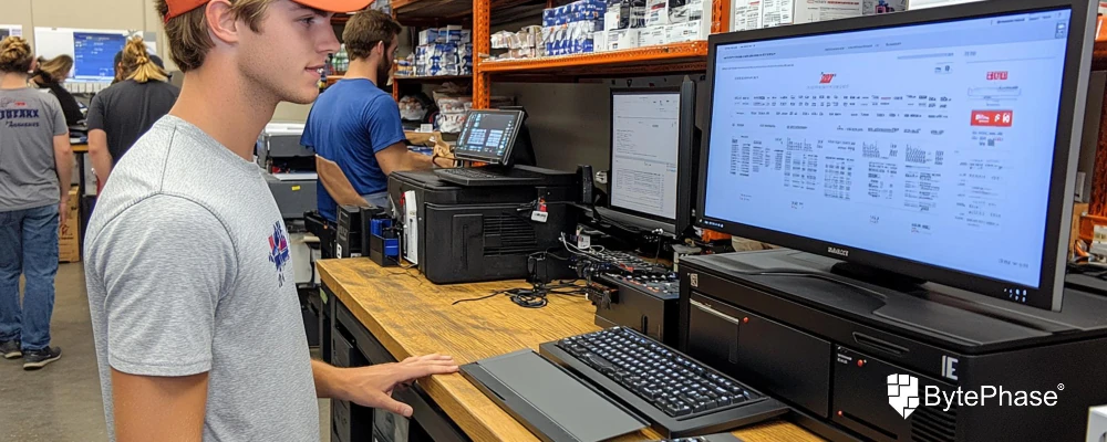 A friendly technician at a computer service and repair shop, with a graphic overlay showing a rising revenue chart and a calendar.