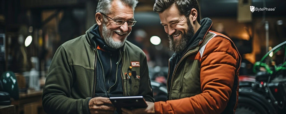 A friendly phone technician wearing a uniform, smiling and clearly explaining a repair process to a satisfied customer at a service counter