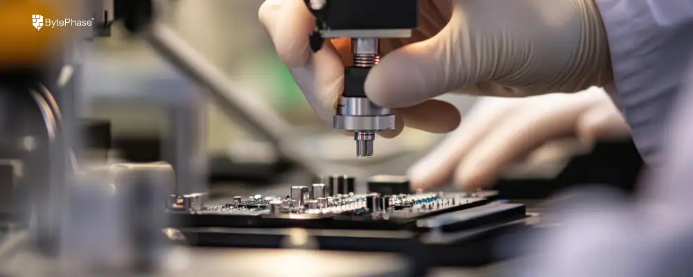 Microscopic Inspection of Electronic Component Markings for Authenticity Electronics technician using a high-magnification digital microscope to inspect the silk-screening on a small circuit board component.