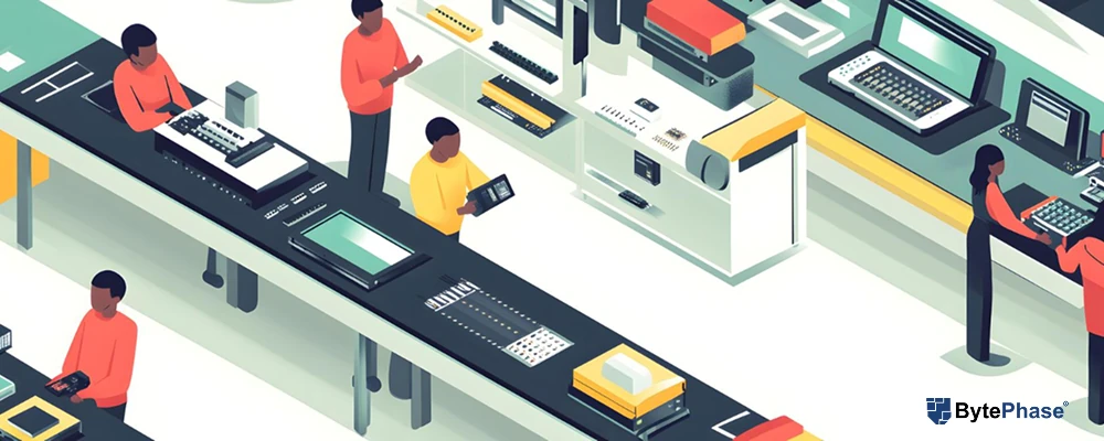 An aerial view diagram of a small electronics repair shop showing three distinct zones: retail counter, seating area, and back-of-house repair area.