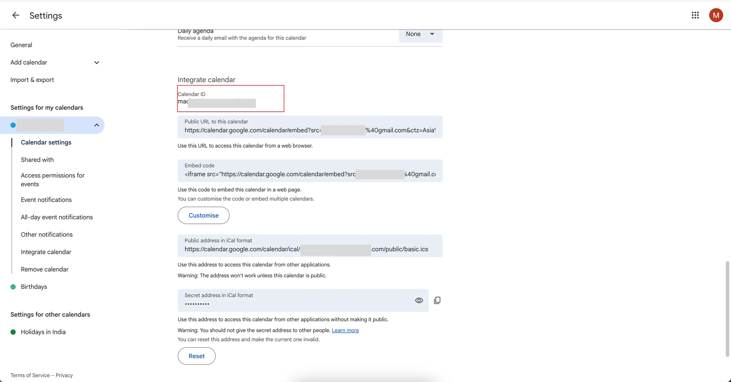 Copy Your Calendar ID