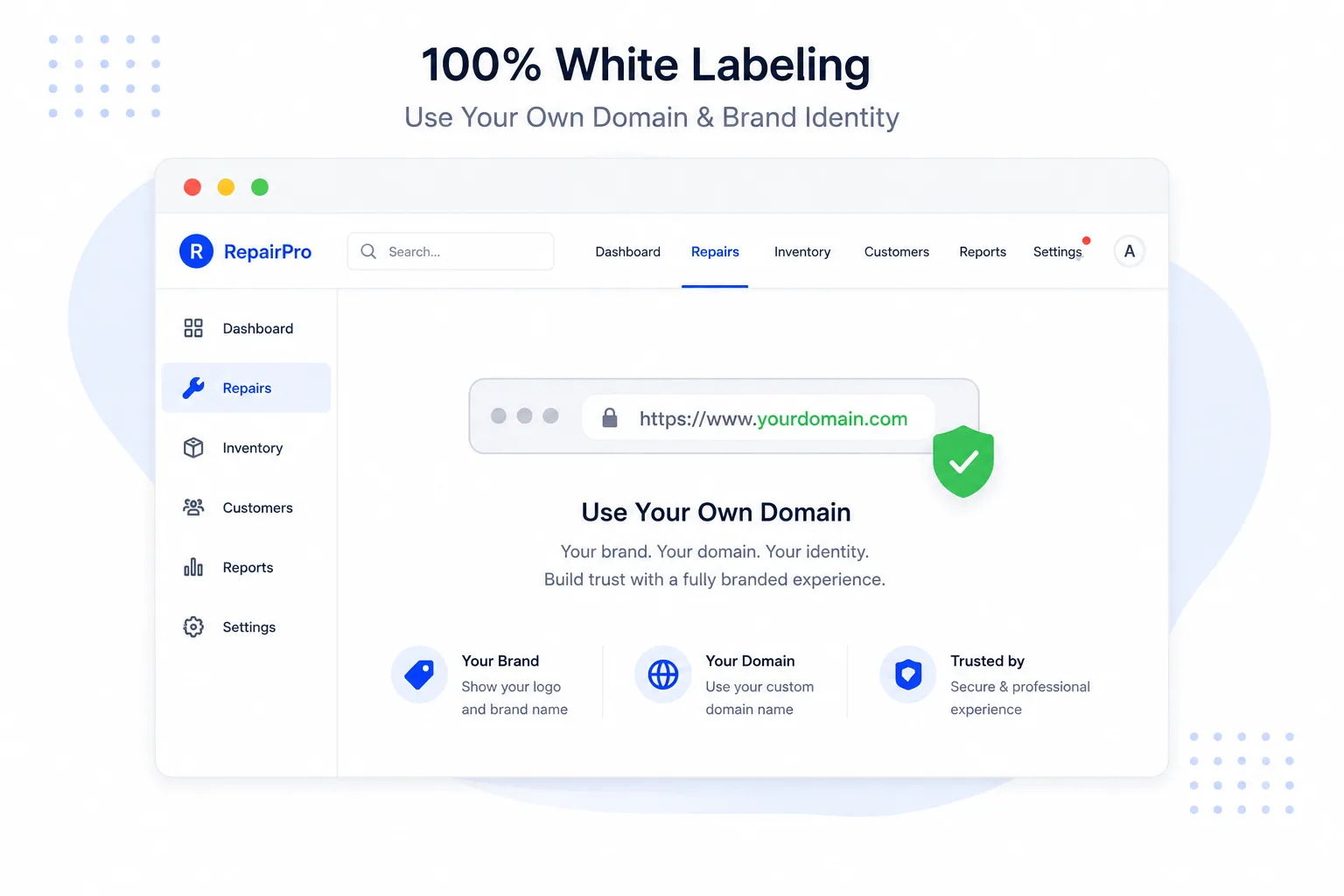 100% white labeling in BytePhase repair shop software — use your own domain and brand identity