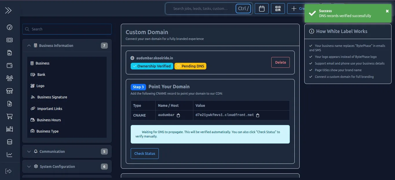 BytePhase CRM Step 4 screen showing the final CNAME record to point your domain