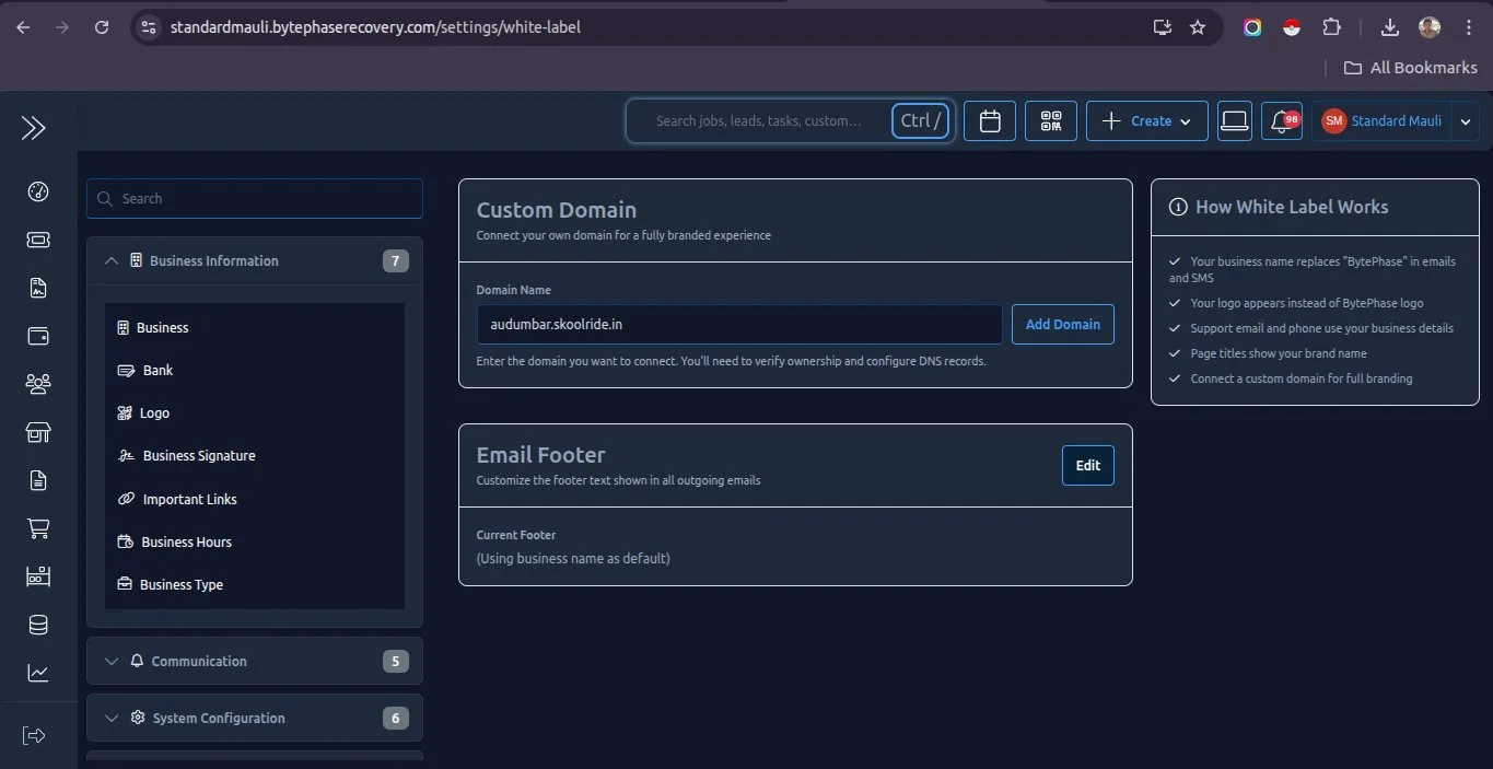 BytePhase CRM White Label settings page with the domain name field and Add Domain button