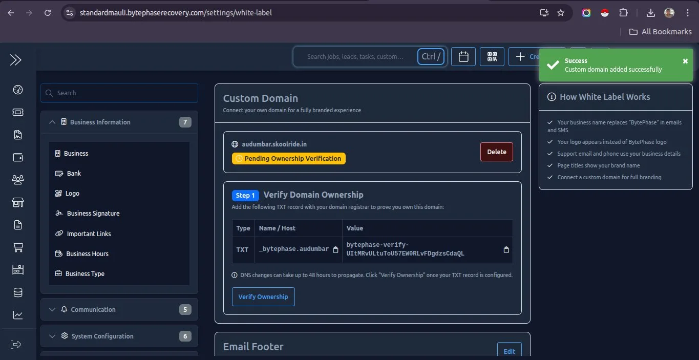 BytePhase CRM confirming the domain was added, showing Pending Ownership Verification status and TXT record details